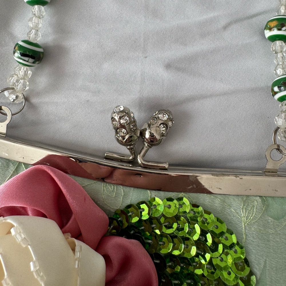 Vintage Beaded Floral Satin Purse – Mint Green Sequin Clutch Embellished - Picture 10 of 10